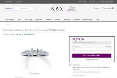 $2,699 Kay ZEI 14K White Gold 1.00ct Princess Cut Diamond