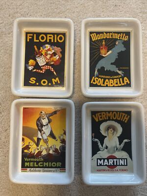 Set of 4 Pottery Barn  Vintage Cocktail Posters Appetizer Relish Dishes Plates