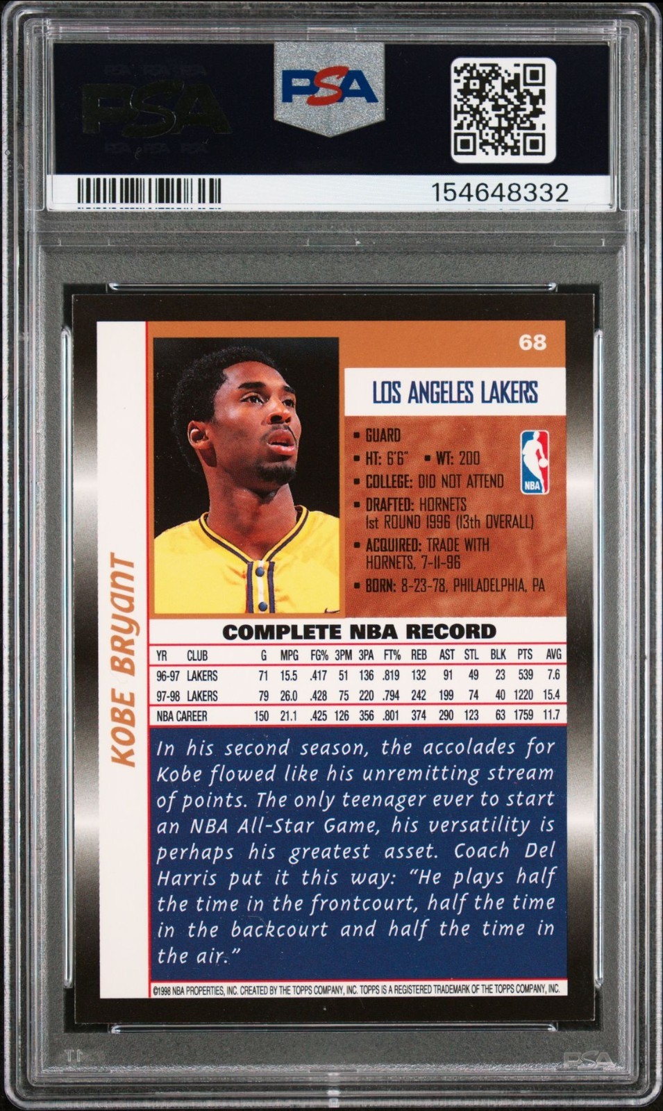 1998 Topps Basketball Kobe Bryant Los Angeles Lakers #68 PSA 9 MT #154648332 view 2