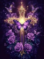5D DIY Diamond Art Kits for Adults,Purple Butterfly Cross Diamond KM827