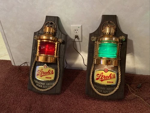 Vintage Red + Green Stroh's Beer Sign Lighted Lantern Bar Pub Nautical Rope Set