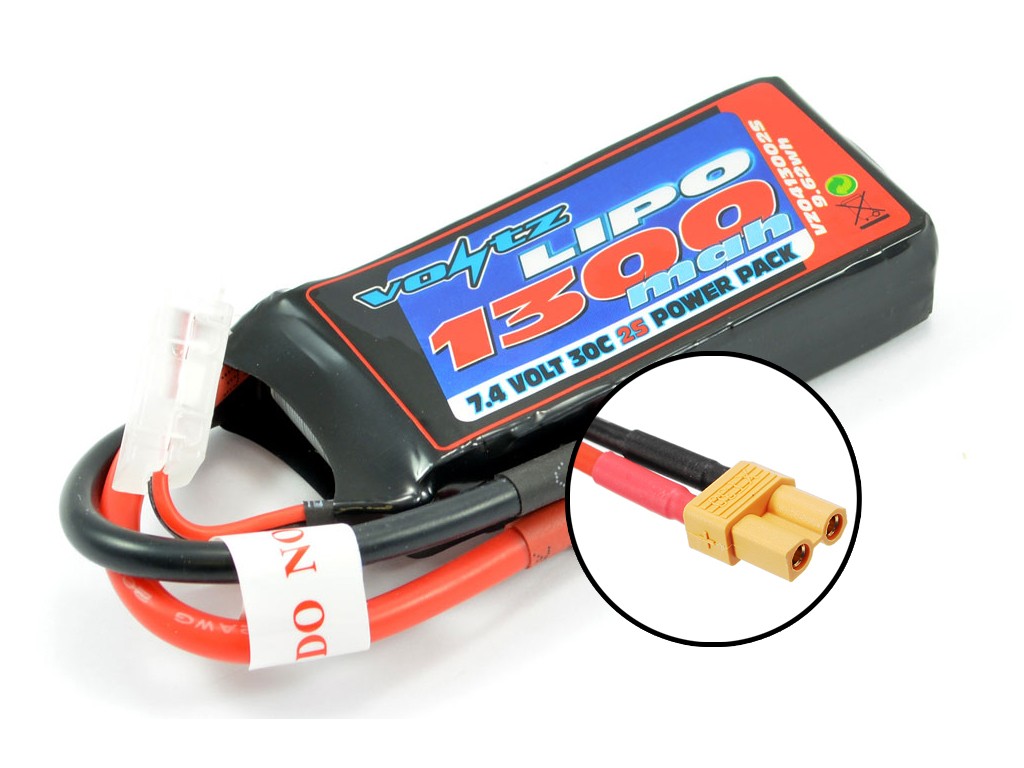 Voltz 1300mAh 2S 7.4V 30C LiPo RC Battery w/XT30 Connector Plug