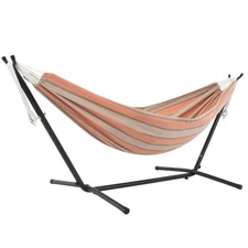 Vivere Double Sunbrella Hammock with Steel Stand, Portable Outdoor Lounge, Cameo