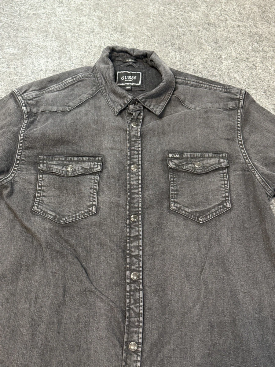 Camisa occidental Guess ajustada negra denim frontal a presión grande para hombre