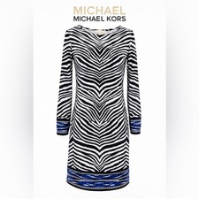 MICHAEL Michael Kors Zebra Print Sheath Dress Blue Trim Size S