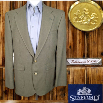 Stafford Sport Coat Blazer Mens 42L Olive Gold Button VTG