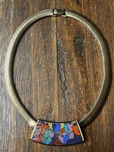 Authentic Laurel Burch Necklace WOMAN SPIRIT 1993 Enamel Vintage Gold-plated Colorful Face