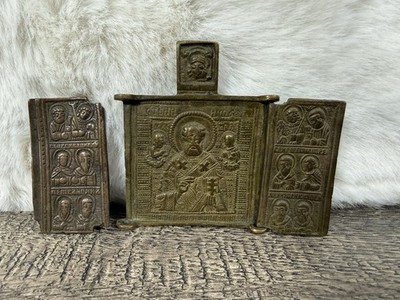 Antiques, Orthodox,Bronze icon-triptych : NICHOLAS WONDERWORKER Damaged As Pic s