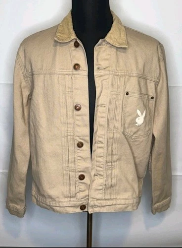 Playboy by PacSun Men's Beige Denim Jacket Cotton Button Point Collar Size L  - product listing photo