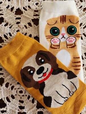 Two (2) Pair ~ Animal Print ~ 1-Cat ~ 1-Dog ~ Knit ~ Ankle Socks (1)