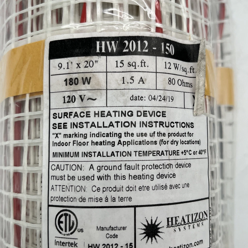 Heatizon Systems Heatwave Mat Floor Heating HW2012-150 15SqFt 120v 180w 9’x20” - Image 3 of 4