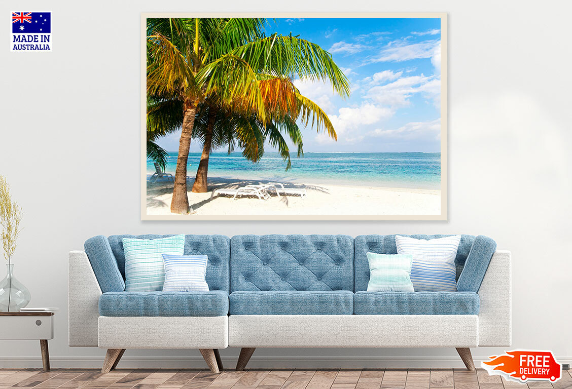 Laminated 91x61cm Palm Tree and Chair Beach Photo Print-image