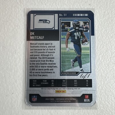 2023 Panini Contenders Optic DK Metcalf Season Ticket Printing Plate 1/1 Seahawk