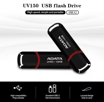 ADATA UV150 64GB USB 3.2 Speicherstick ultraschnell 100MB/s schwarz für PC & Mac
