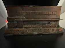 VINTAGE BANTHRICO, ST PAUL FEDERAL SAVINGS OF CHICAGO METAL COIN PIGGY BANK