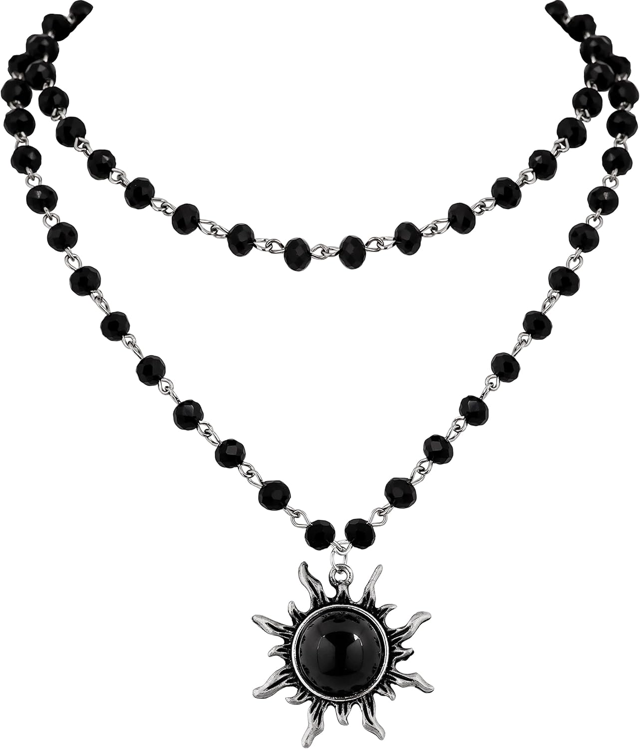 Gothic Black Sun Necklace with Black Sun Crystal Pendant and Bead Choker for Men and Women, Dark Aesthetic Jewelry