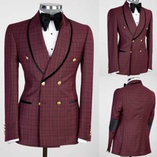 Men's Grid Suits Slim Fit Shawl Lapel Double Breasted Formal Business Casual