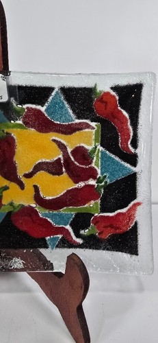 9.5"x5.5" Peggy Karr Art Fused Glass Red Hot Chili Peppers Rectangle Plate Dish - Picture 3 of 7