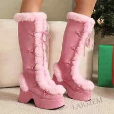 Sweet Women Calf/Knee High Boots Platform Fluffy 8.3CM Thick High Heels Boots