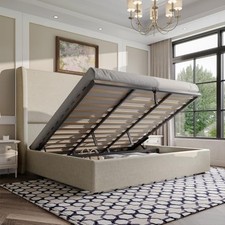Cama de almacenamiento elevadora AMERLIFE marco de cama plataforma tapizada de lino tamaño king,
