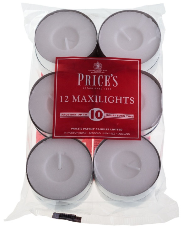 12x Price's Maxi Tealight Candles Unscented - 10 Hours Burn Time - White