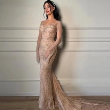 Champagne Lace Sweetheart Mermaid Wedding Dress Long Sleeve Beaded Ball gown