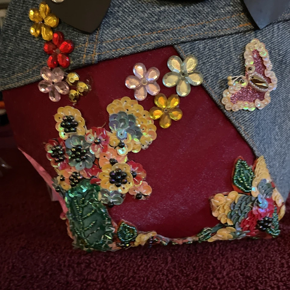 Cartera vaquera hecha a mano, asas de cuero. Único. Estrás, cuentas y lentejuelas., Foto 2 de 4