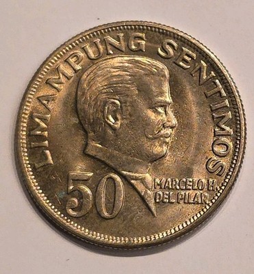 1972 Philippines 50 Centavo Marcelo H Del Pilar, Coat Of Arms 27.5