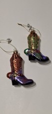 Kurt Adler Boot Glass Christmas Ornament Set 2 Western Cowboy Cowgirl Glitter