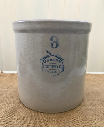 JA Bauer Pottery Co. Los Angeles, CA #3 Gallon Stoneware Crock
