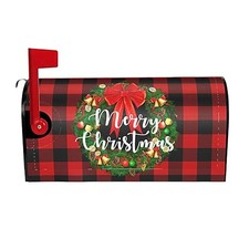 Merry Christmas Wreath Black Red Plaid Xmas Mailbox Cover 21x18 in Christmas-2