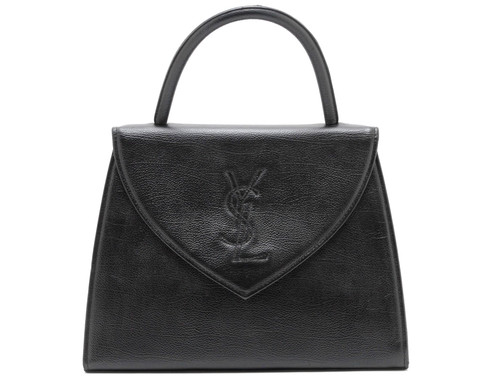 Yves Saint Laurent YSL Logo Black Leather  Envelope Top Handle Handbag Vintage