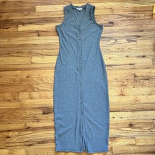 Bar III Gray Ribbed Knit Midi V-neck Button UP Dress Y2K Minimalist Bodycon -S