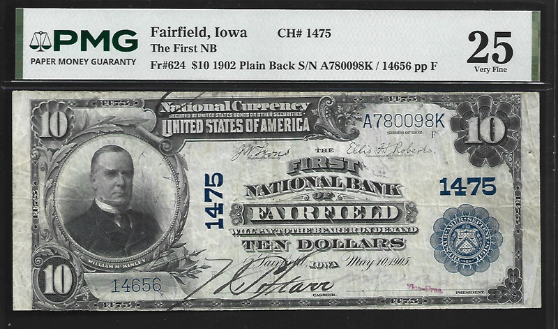 US Fairfield, Iowa $10 1902 PMG 25 Fr #624 The First NB CH#1475