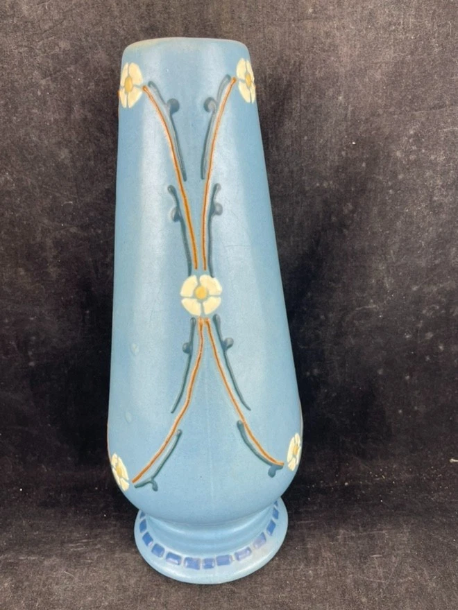 Roseville Aztec 1905 Pottery Blue Squeeze Bag Design Floral Vase 10.5" - Image 2 of 3