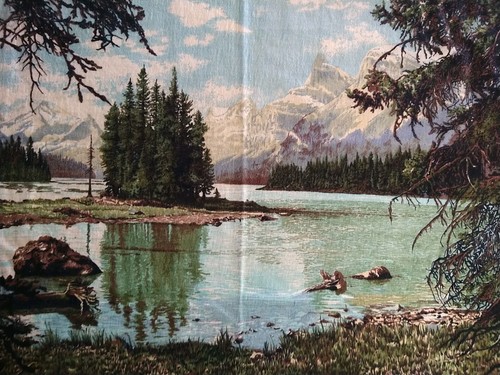 Vtg Cotton Wall Hanging Rug Mountains River Stream Turkey 39x53 Landscape