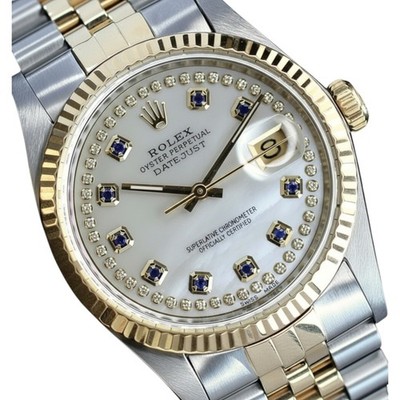 Rolex Datejust TwoTone 18K Yellow Gold & Steel White Diamond Sapphire Dial Watch