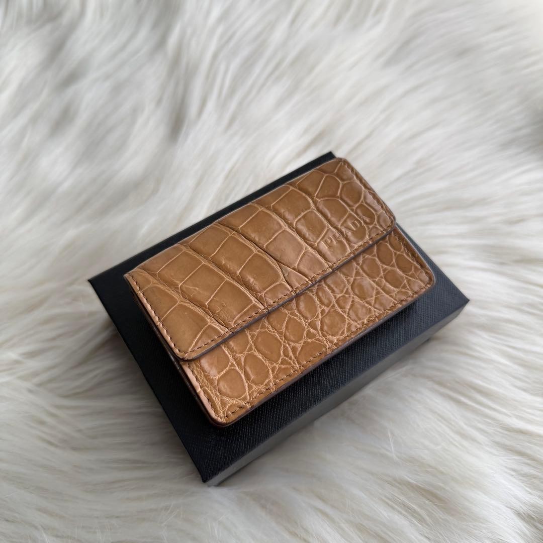 Prada Crocodile Embossed Leather Card Case Brown Business Card Holder