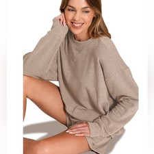 Zenana Slub Knit Pullover Lounge Shorts Set   Cocoa Matching Set size M