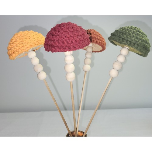 4 Crochet Mushroom Garden Plant Beaded Wood Stakes Multicolor Orange Green Red