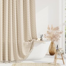 Boho Farmhouse Fabric Shower Curtain Tufted Chevron 72"x72" Beige Elegant Tassel