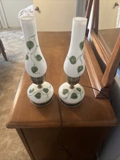 Vintage Handpainted PAIR OF MATCHING Milk Glass Dresser Lamps, Electric, WORKS