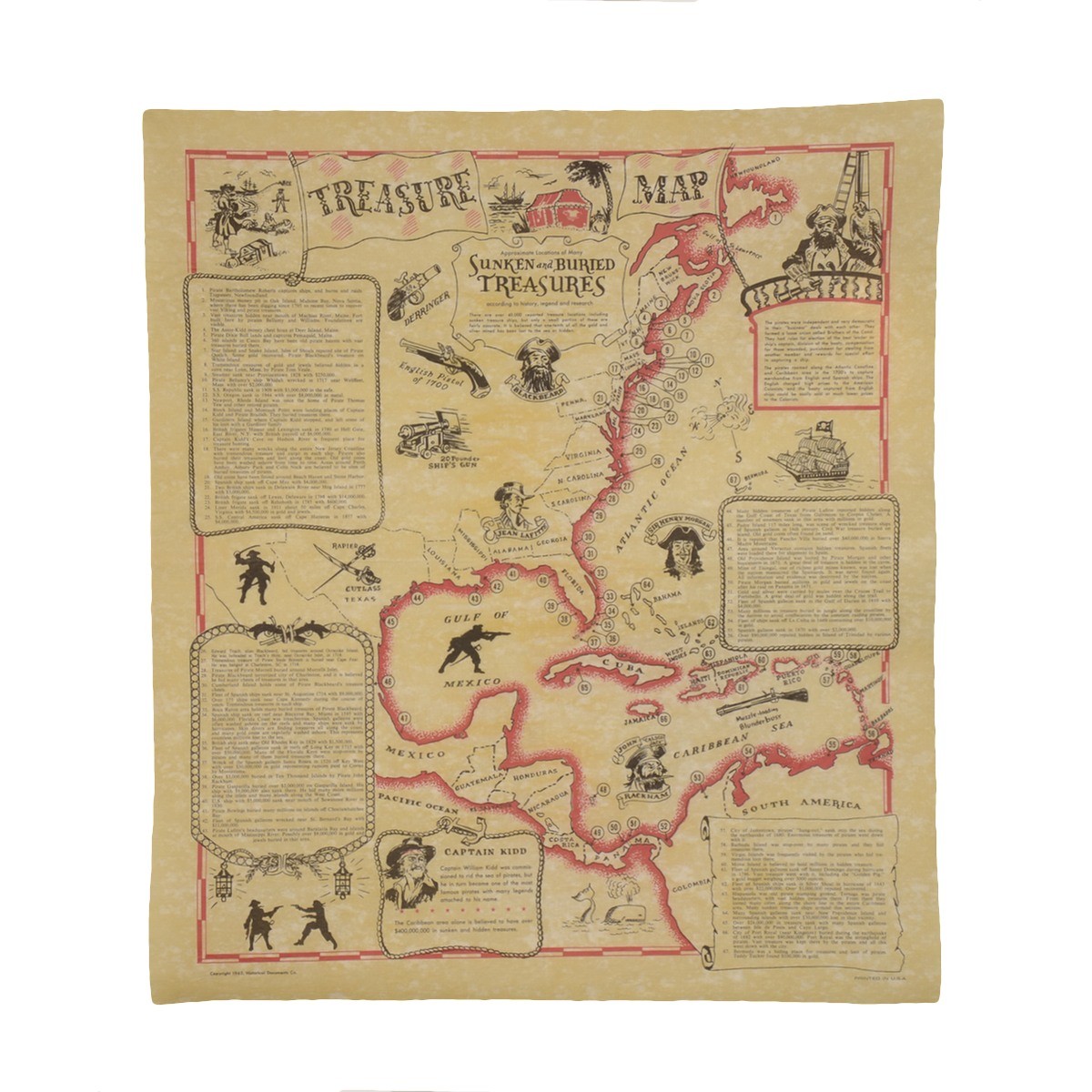 Sunken Buried Treasure Shipwreck Map Pirates Captain Kidd Blackbeard Calico Jack