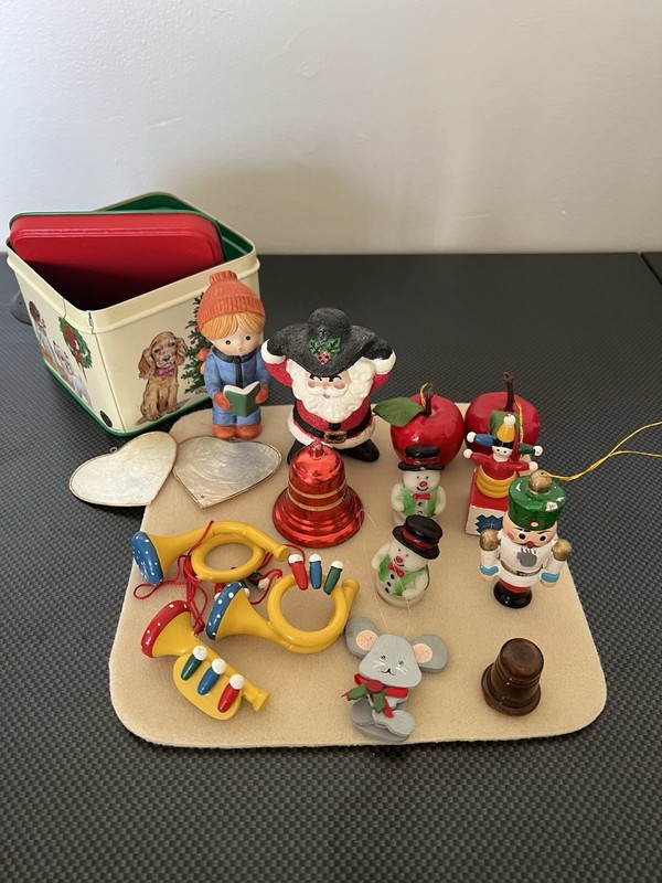 Lot Of Assorted Christmas Ornaments With Decorative Tin Enesco Figurine Included