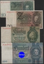 DIE GELDSCHEINE DES DRITTEN REICHES: 10 - 100 RM 1929-1935 - 4 BANKNOTEN DEUTSCH