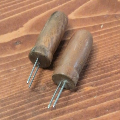 Vintage Wood Handle Corn Holders Set of 2, 2-Prong Metal Picks Brown