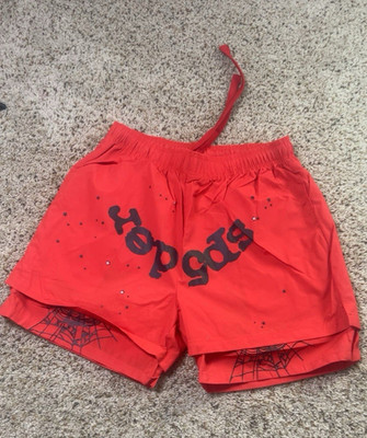 sp5der Red Men's Sweat Shorts L Drawstring Black Graphic Print New