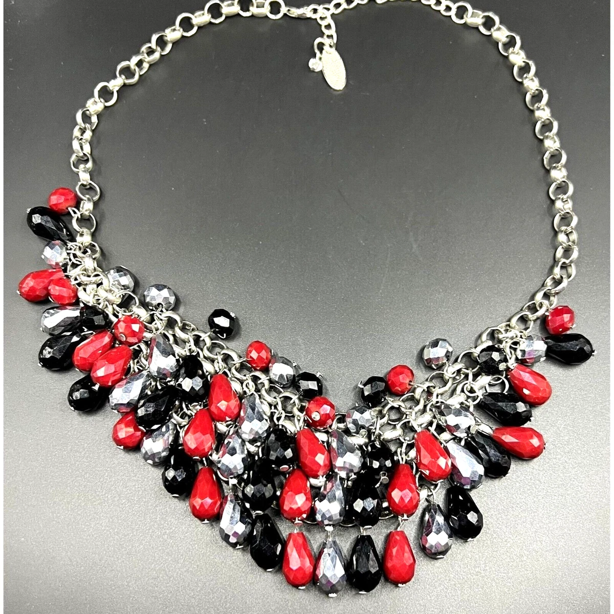 Jules Vintage Costume Silver Tone Shiny Red Black Fashion Statement Necklace 20