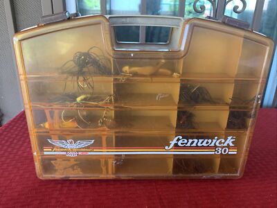FENWICK FISHING TACKLE BOX #30 WOODSTREAM 2 SIDED FILLED WITH MISC.  ITEMS