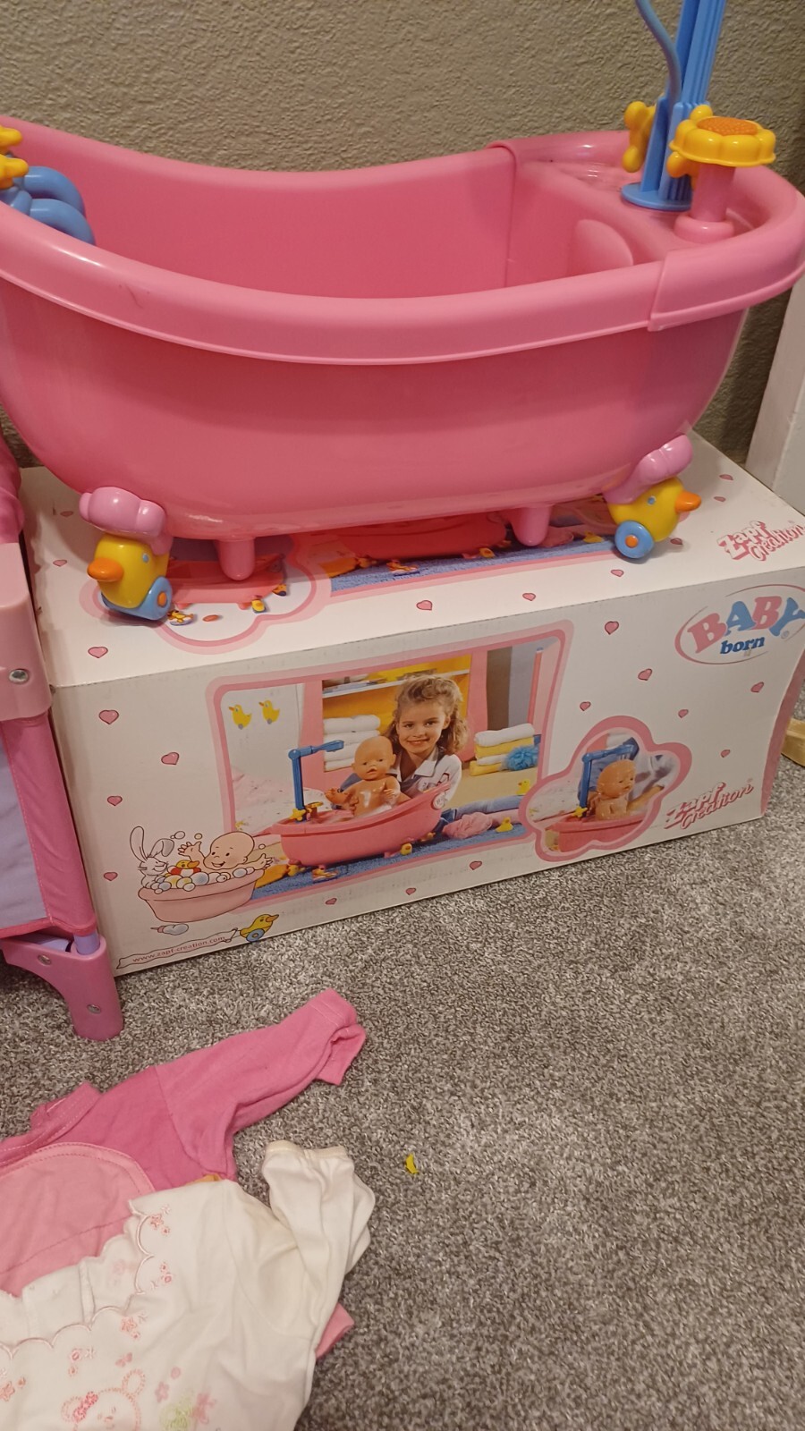 zapf creation baby born doll, bath, high chair & cot & clothes bundle